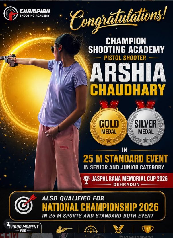 Arshia Chaudhary wins Gold and Silver in 25m Standard at the Jaspal Rana Memorial Cup 2026