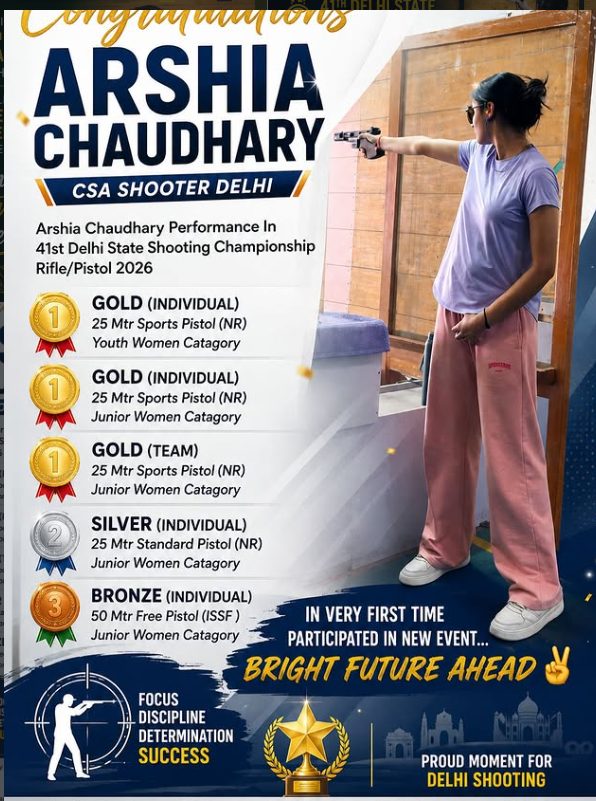 Arshia Chaudhary wins five medals at the 41st Delhi State Shooting Championship 2026